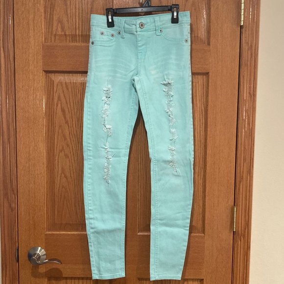 WET SEAL Women's Size Small Aqua Distressed Jegging Denim Jeans Skinny - Picture 1 of 6